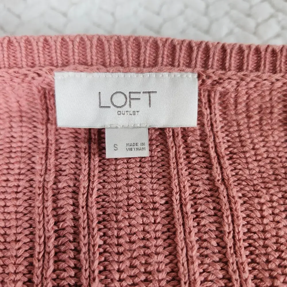 LOFT Outlet Dusty Pink Ribbed Knit V-Neck Puff Sleeve Sweater Sz Small Peasant